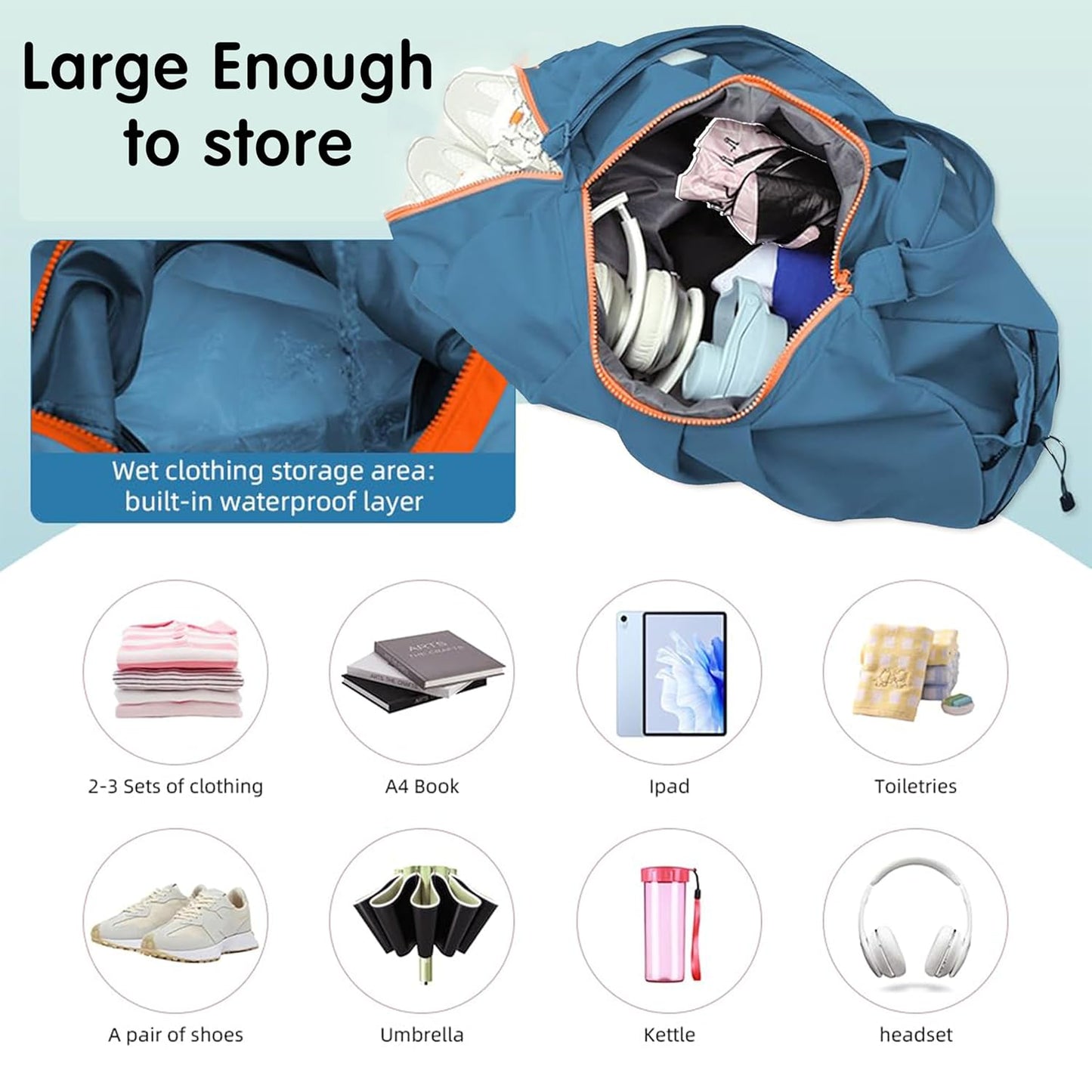Storite Nylon 51 Cm Imported Multi Purpose Travel Duffle Bag for Women with Dry and Wet Pocket, Lightweight Waterproof Backpack Carry Luggage Bag with Shoe Compartment (Blue, 51 x 17 x 32 cm)