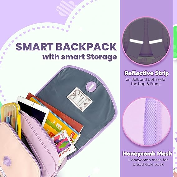 Storite Cute Cartoon Girl Kids Backpack - Rectangular Shape School Bag with Pastel Color theme, Flap & Rotating Lock, Tablet Compartment & Padded Back | Ideal for Class 1–5 Students (Lavender)
