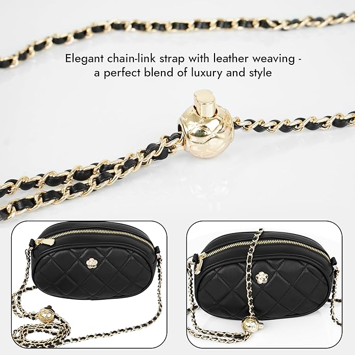 Storite PU Leather Quilted Sling Bag with Detachable Chain Strap, Crossbody Bag with Multi-Compartment for Women and Girls - Black