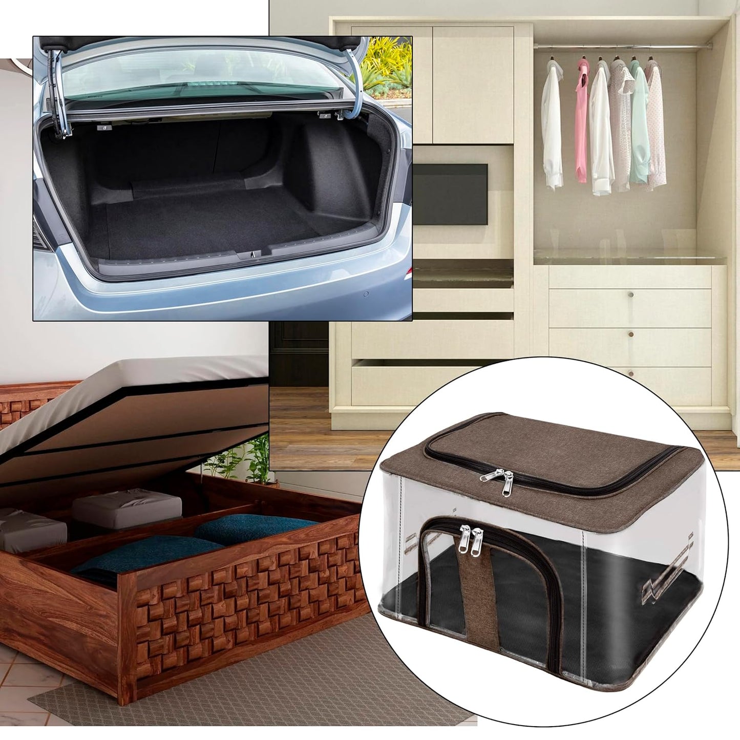 Storite 2 Pack Nylon 33 L PVC Transparent Moisture Proof Storage box for Clothes Closet Wardrobe Organizer for Clothes Saree Bags with Carry Handle - (Brown, 44 x 31 x 24 cm)