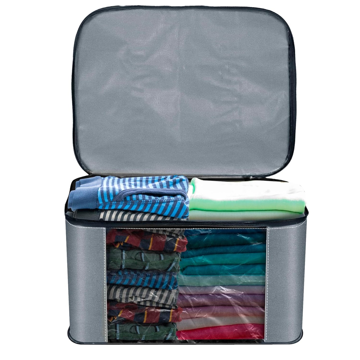 Storite 2 Pack Nylon Wardrobe Bag with Transparent Pocket Underbed Moisture Proof Storage Organizer, Storage box for Clothes Saree Bags with Zippered Closure & Handle (Grey, 37x35x23 cm) Square