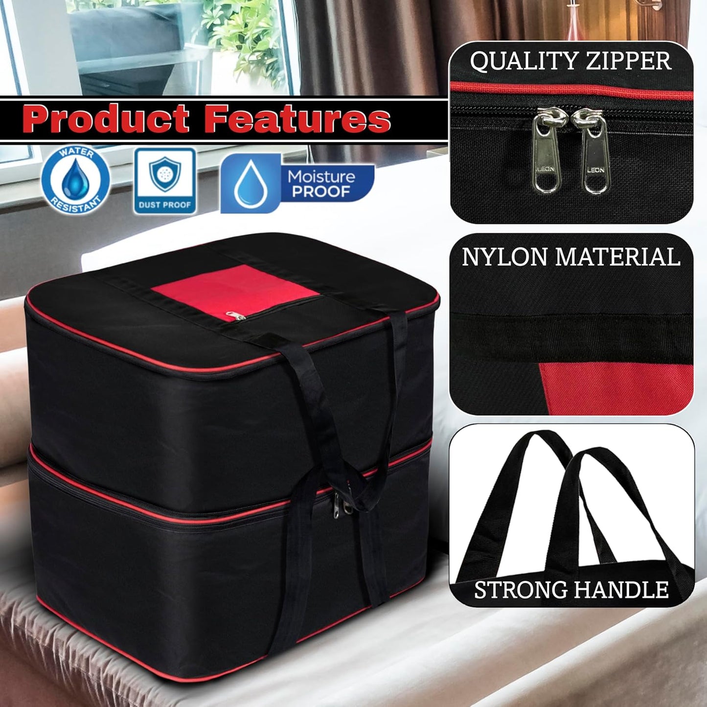 Storite 2 Pack Expandable Moisture Proof Nylon 142 L Heavy Duty Extra Large Size Underbed Storage Bag For Clothes/Blankets/Toys/Stationery Paper (57 x 49 x 51 cm) - Black,Rectangular