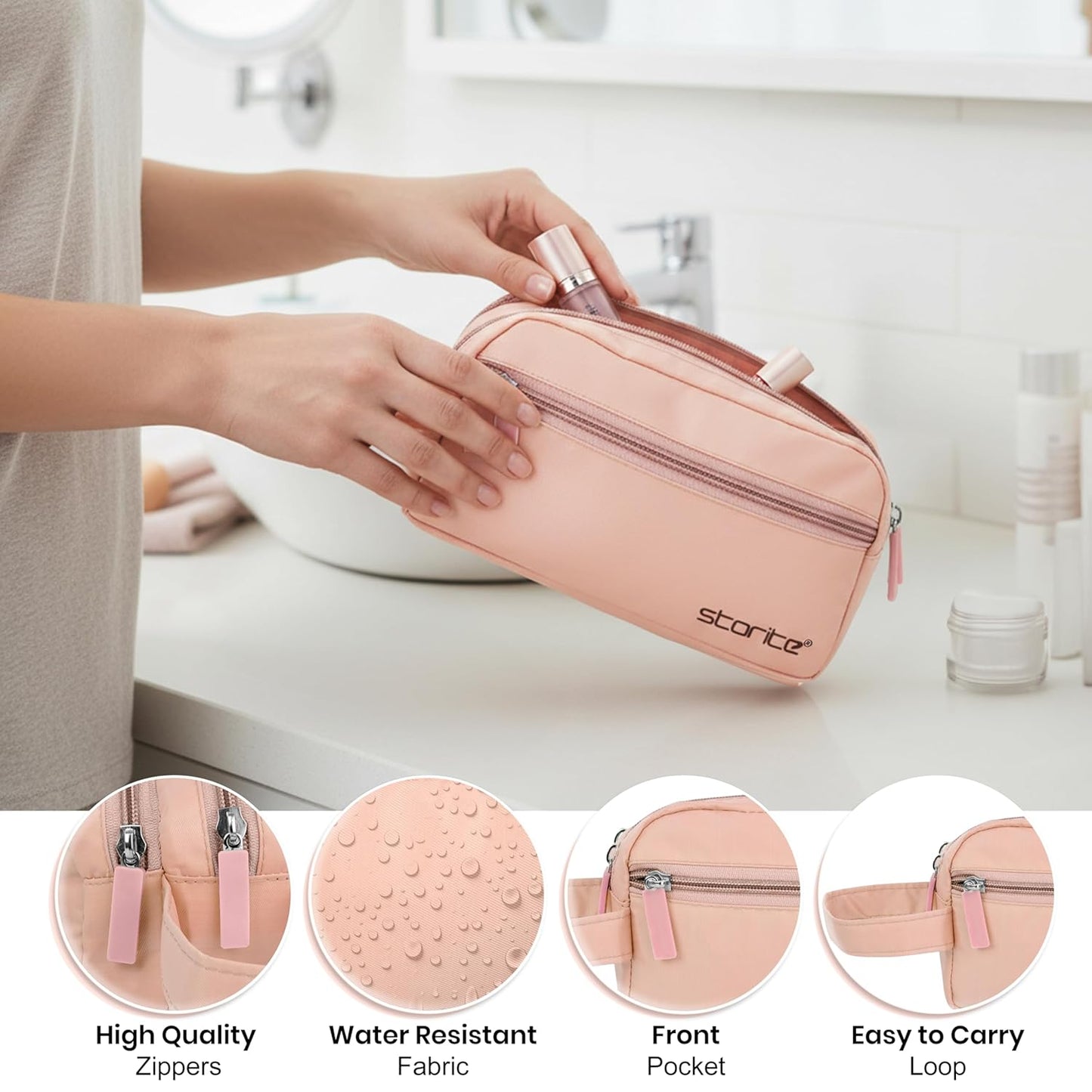 Storite Polyester Multi-Pocket Toiletry Bag for Men & Women, Travel Pouch for Toiletries Shaving Kit & Cosmetics, Water Resistance Pouch, Organizer Travel Pouch for Make Up (1Pk Light Rose)