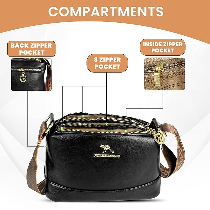 Storite PU Leather Sling Bag, Crossbody Bag with Multi-Compartment for Women and Girls With Adjustable Shoulder Strap - Black