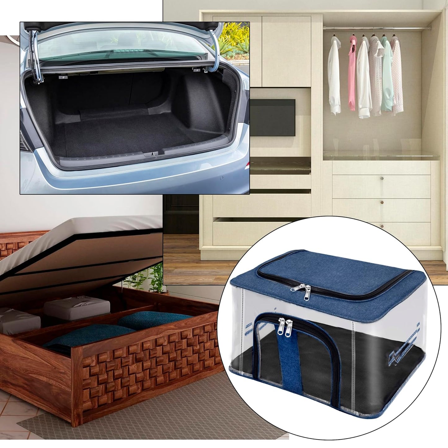 Storite Nylon 33 L PVC Transparent Moisture Proof Storage box for Clothes Closet Wardrobe Organizer Saree Bags for Clothes with Carry Handle - (DarkBlue, 44 x 31 x 24 cm)