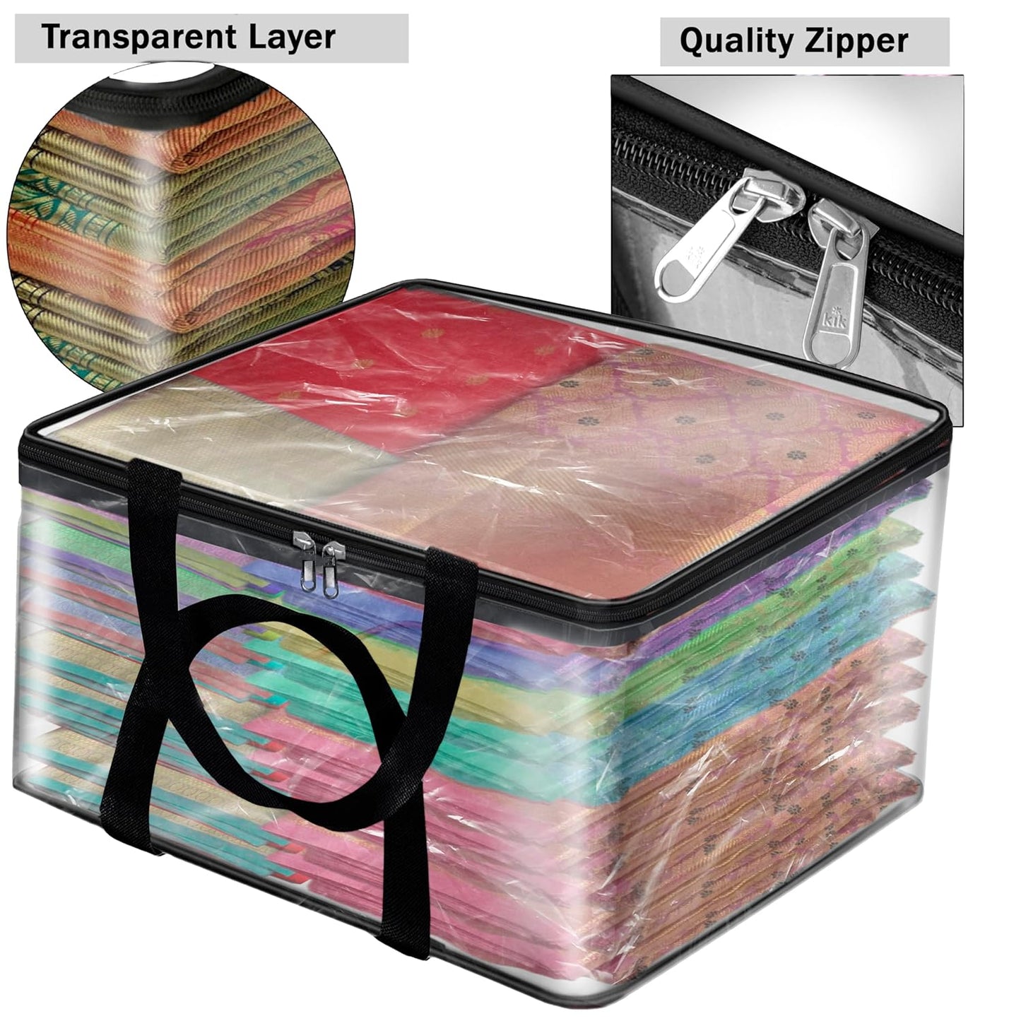 Storite Pack Of 2 Transparent PVC Clothes Storage Bags/Saree Covers with Zip for Storage Specially Design for Woman Dresses, Sarees, Lehengas | Wardrobe Organizer (41 x 31 x 23 cm)