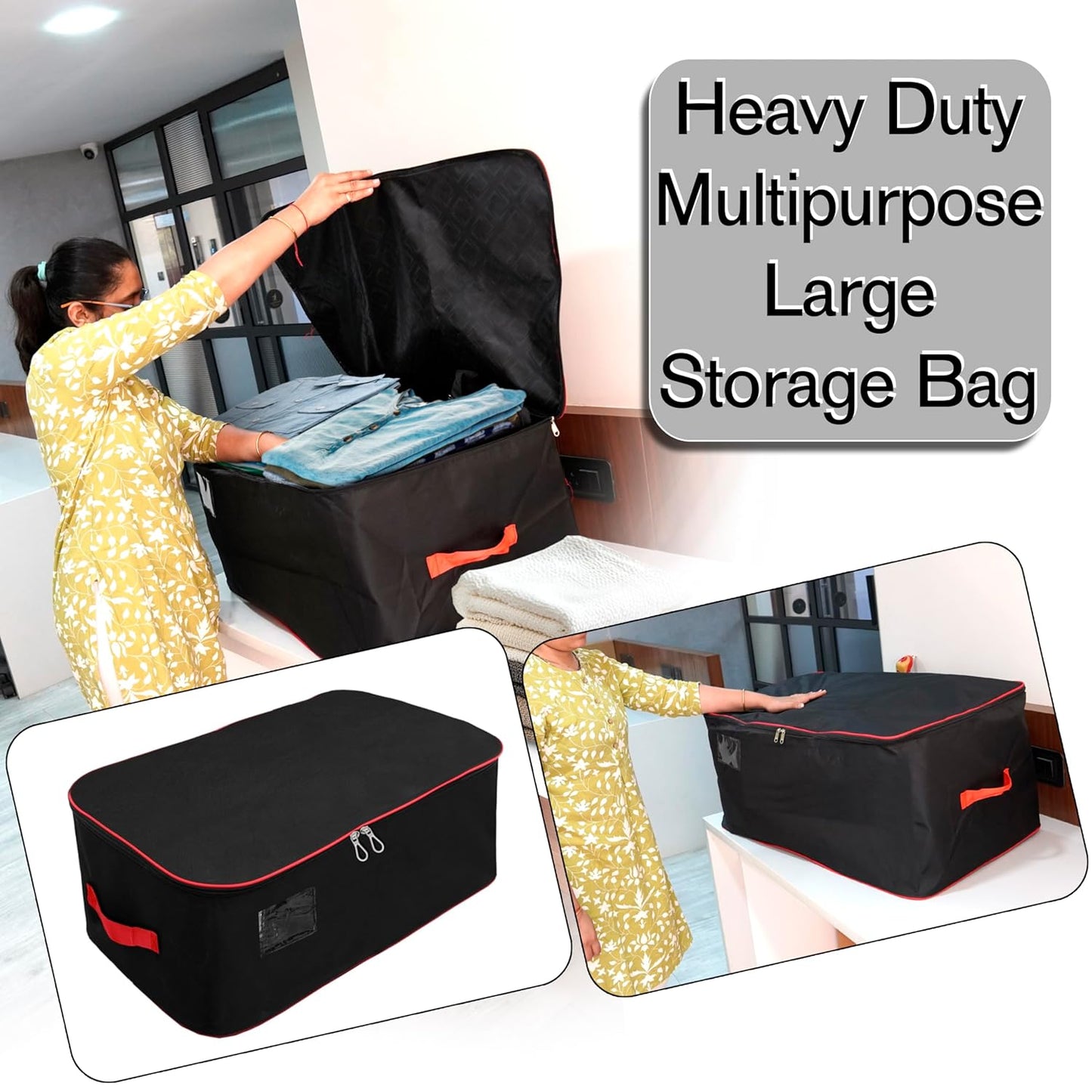 Storite Nylon Extra Large Size 129 L Multipurpose Heavy Duty Moisture Proof Storage Bag for Clothes/Toys/Stationery/Blankets/Paper Rectangular(Red-Black, 78x46x36 cm)