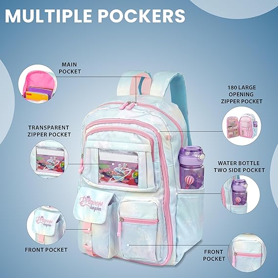 Storite School Backpacks for Girls Stylish Bags for Kids 7-12 Years Old Cartoon Water Resistant Backpack Durable Burden Relief School Bag Birthday Gift - blue-pink