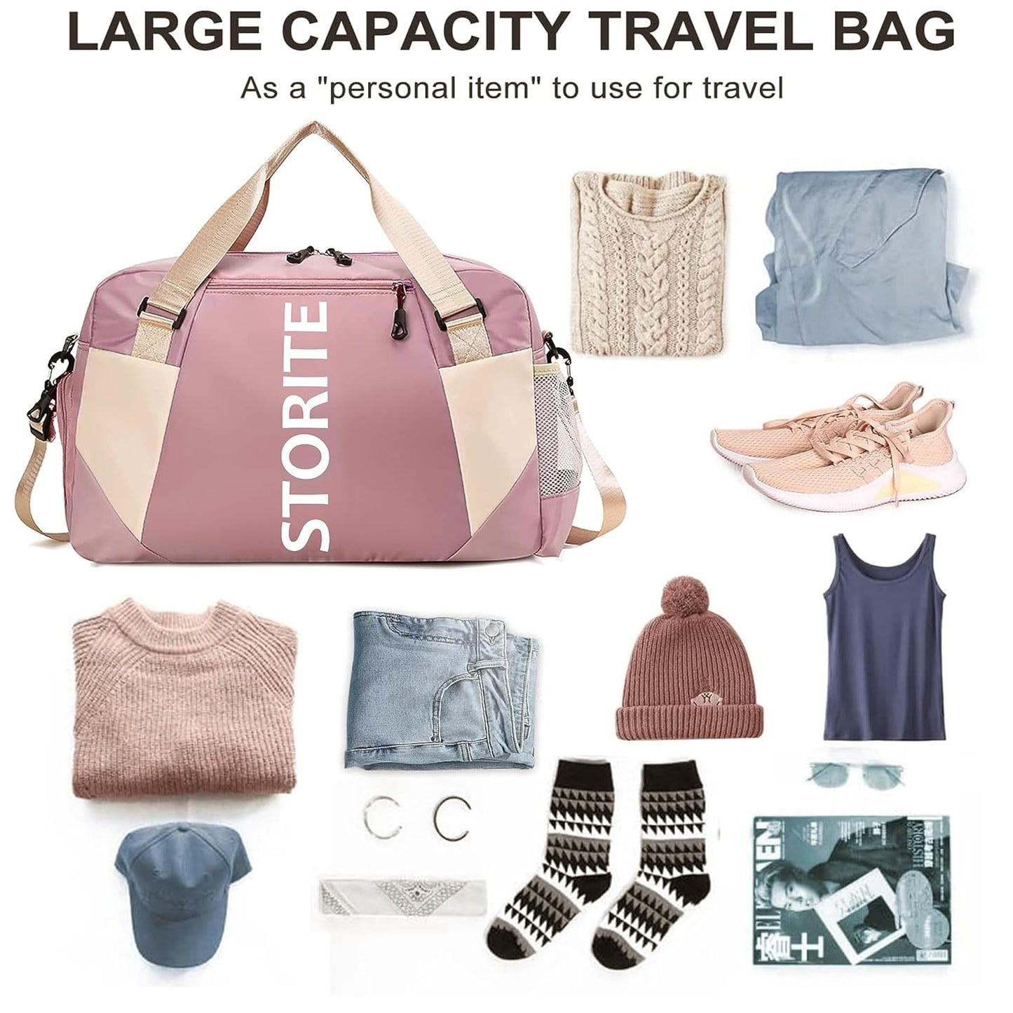 Storite Nylon 47 Cm Imported Travel Duffle Bag Stylish Weekender Overnight Luggage Bag for Women Pink