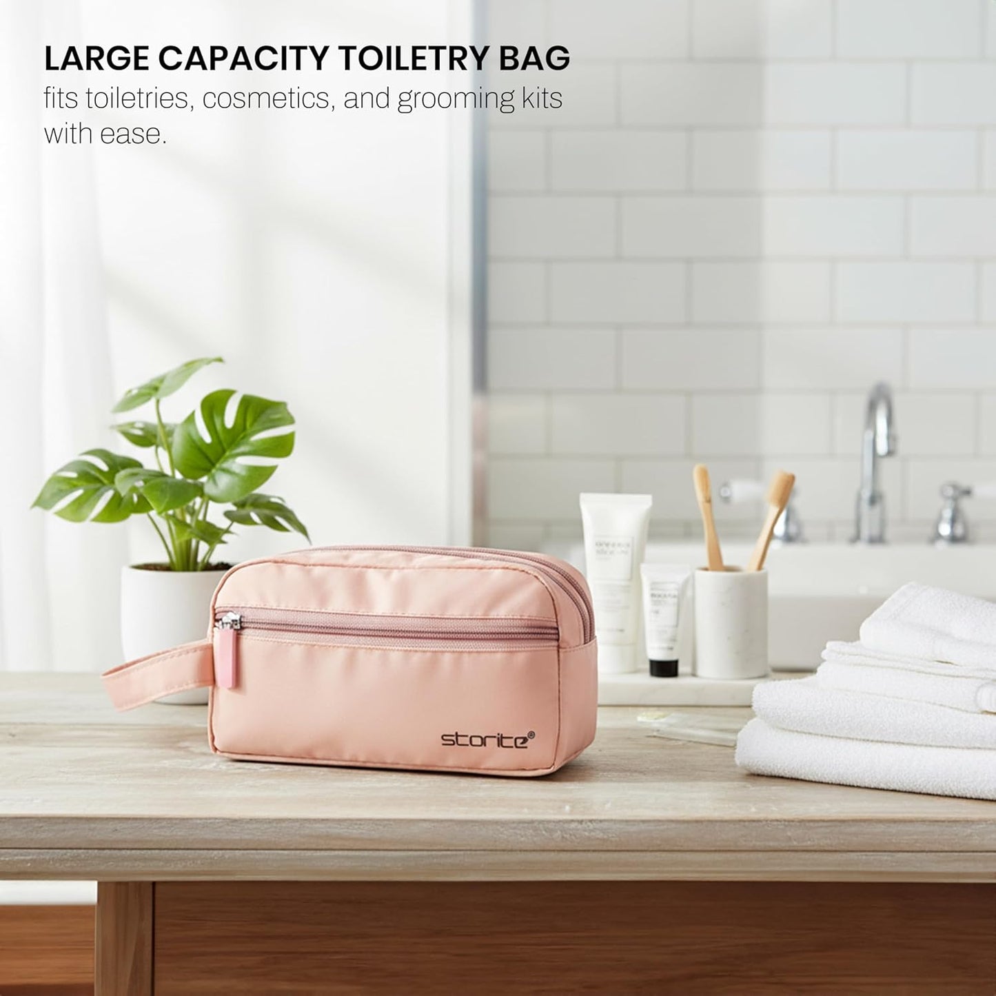 Storite Polyester Multi-Pocket Toiletry Bag for Men & Women, Travel Pouch for Toiletries Shaving Kit & Cosmetics, Water Resistance Pouch, Organizer Travel Pouch for Make Up (1Pk Light Rose)