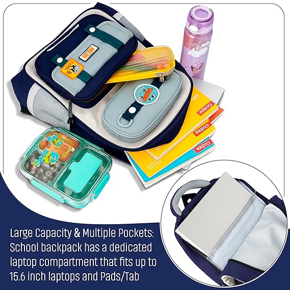 Storite Skateboard Theme School Backpack – Durable & Lightweight Bag with Cartoon Patches, Suitable for Class 5–8 Students – Navy Blue & Grey