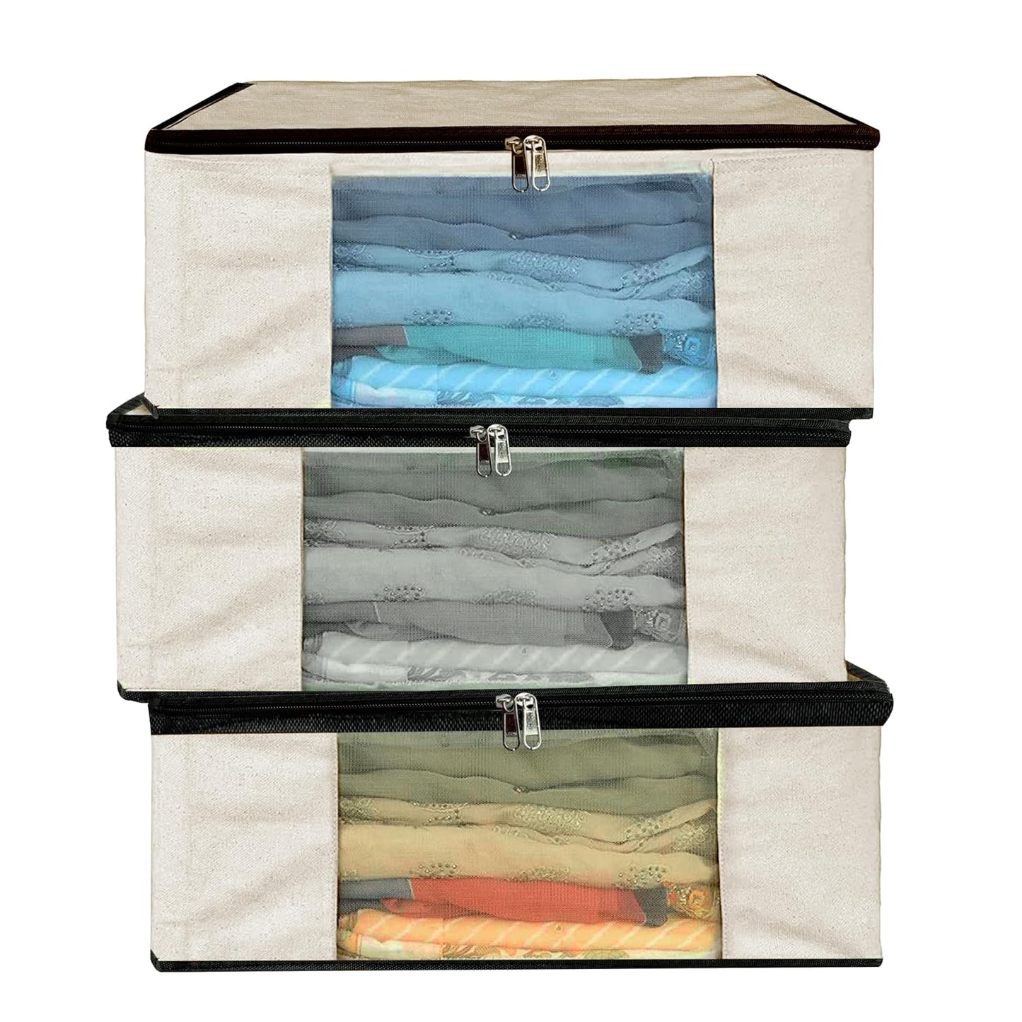 Storite 3 Pack Cotton Canvas Clothes Storage Bags/Saree Covers with Zip for Storage Specially Design for Woman Dresses, Sarees, Lehengas for Wardrobe Organizer (42.2cm x 36cm x 20cm)