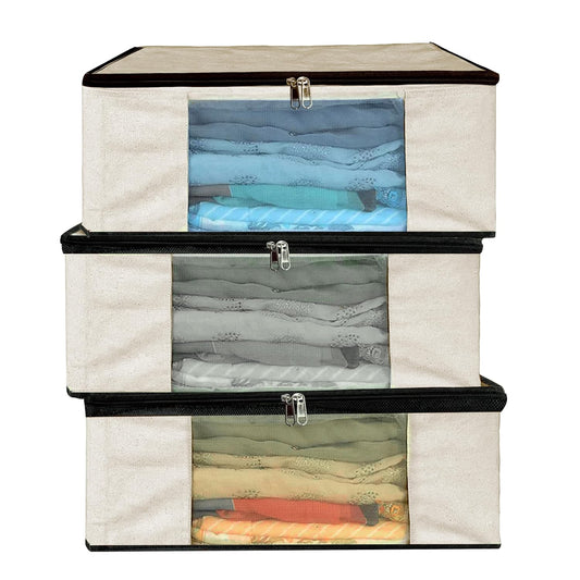 Storite 3 Pack Cotton Canvas Clothes Storage Bags/Saree Covers with Zip for Storage Specially Design for Woman Dresses, Sarees, Lehengas for Wardrobe Organizer (42.2cm x 36cm x 20cm)