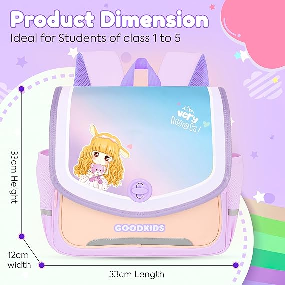 Storite Cute Cartoon Girl Kids Backpack - Rectangular Shape School Bag with Pastel Color theme, Flap & Rotating Lock, Tablet Compartment & Padded Back | Ideal for Class 1–5 Students (Lavender)