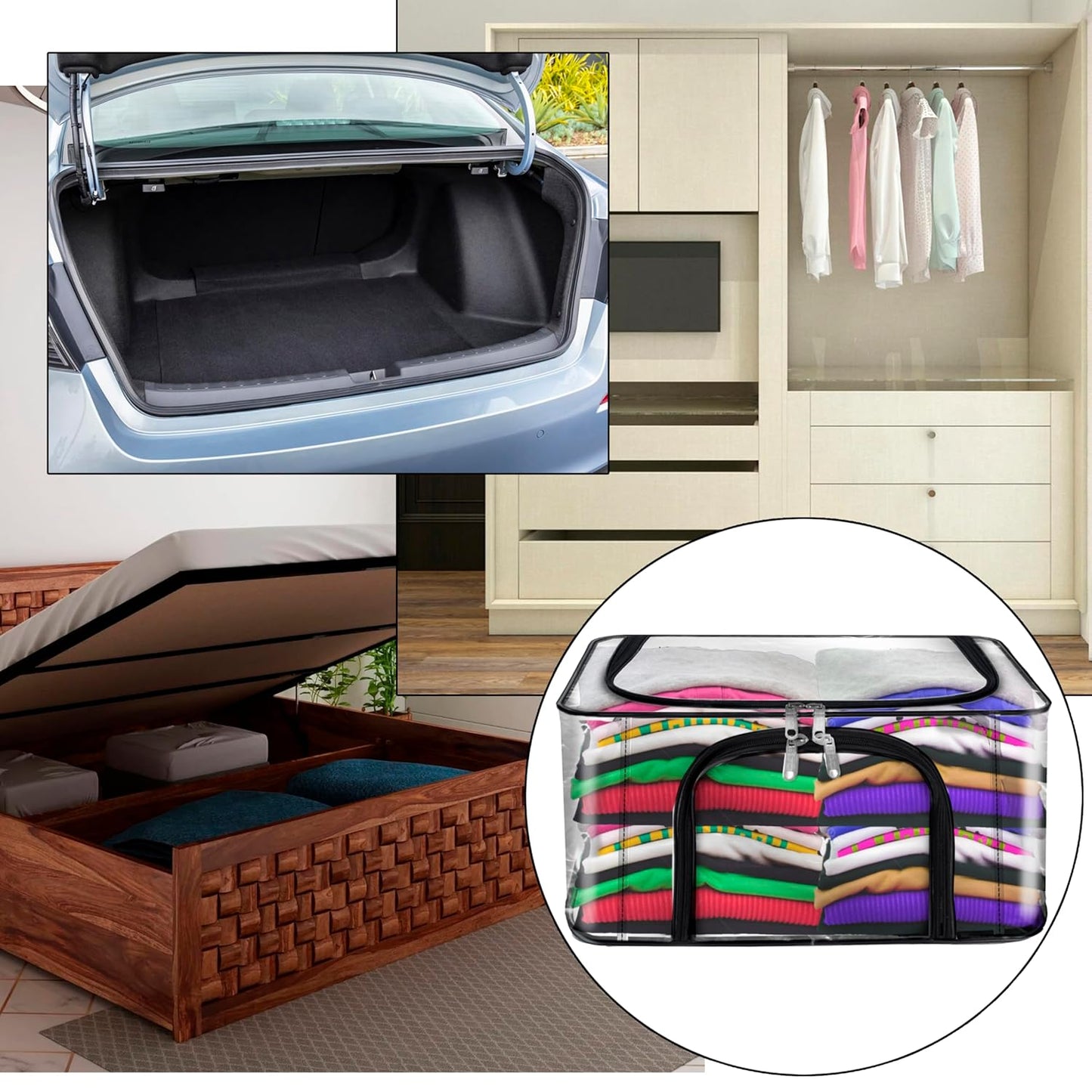 Storite 2 Pack 28 L Transparent PVC Wardrobe Bag Underbed Moisture Proof Cloth Storage Organizer, Storage box for Clothes Saree Bags with Zippered Closure & Handle (44 x 31 x 21 cm)
