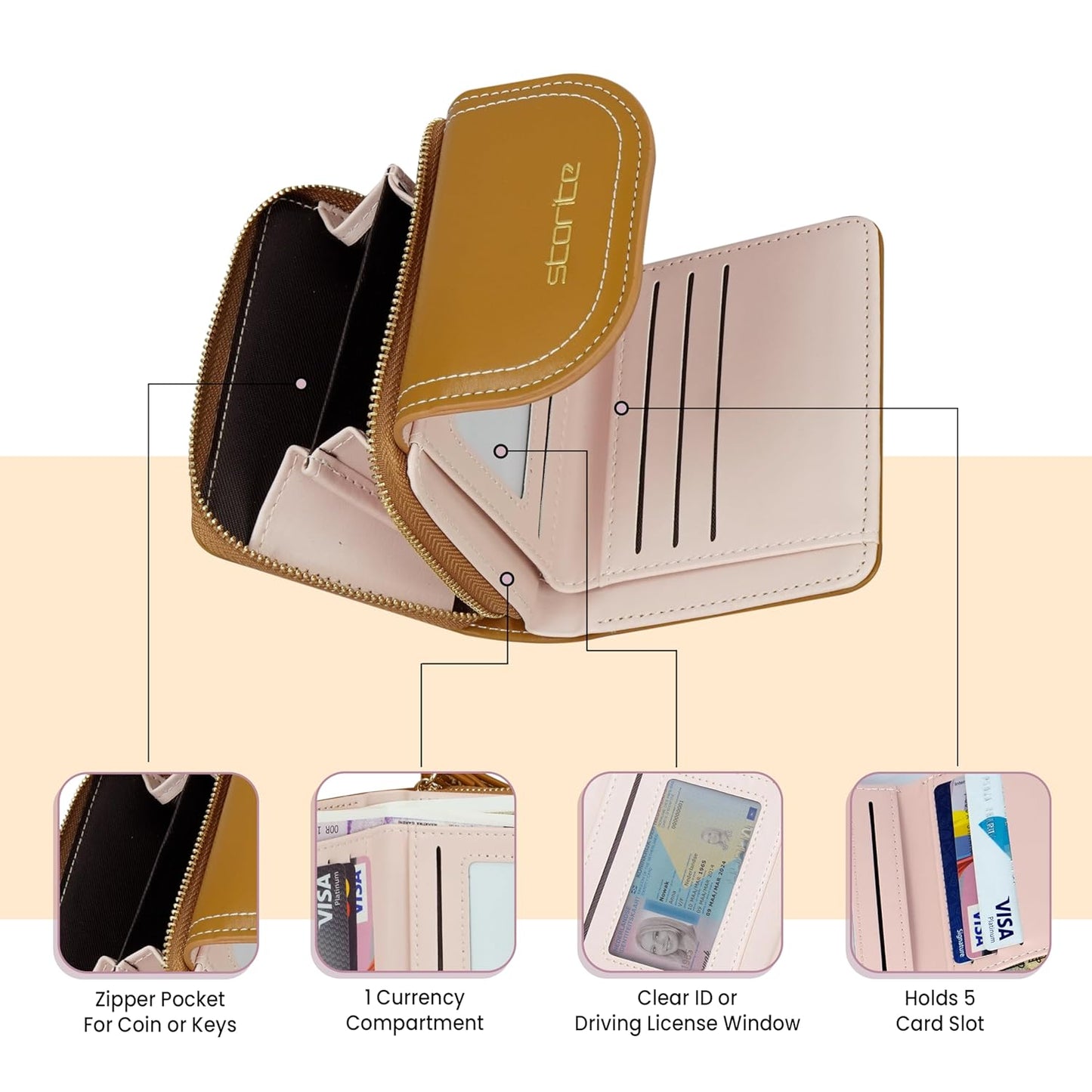 Storite Womens Stylish Compact Leather Wallet 5 Card Slots,1 ID Window, Ladies Mini Purse Money Pocket with Zipper Closure (Brown - 11 x 9 x 3 Cm)