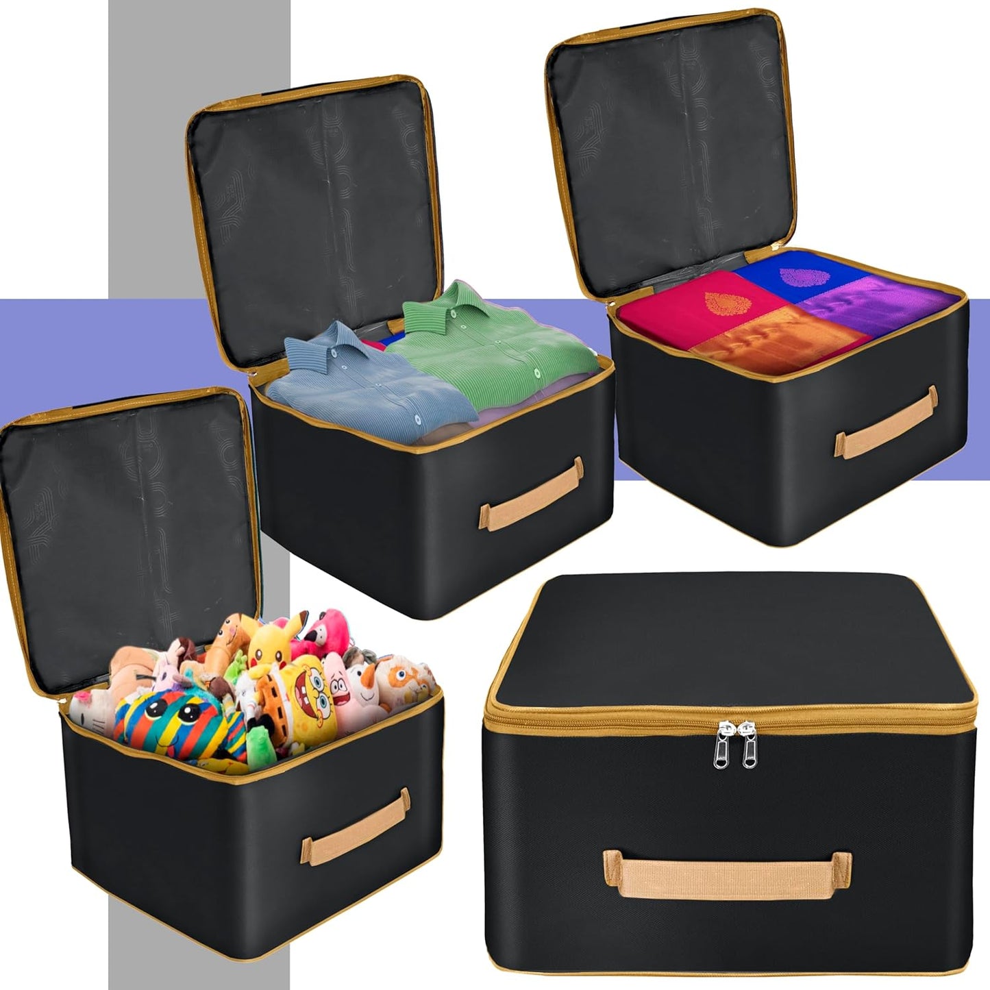 Storite Pack of 2 Nylon Wardrobe Bag Underbed Moisture Proof Cloth Storage Organizer, Storage box for Clothes Saree Bags with Zippered Closure & Handle Square(Black wih Gold Handle, 38x35.5x25 cm)