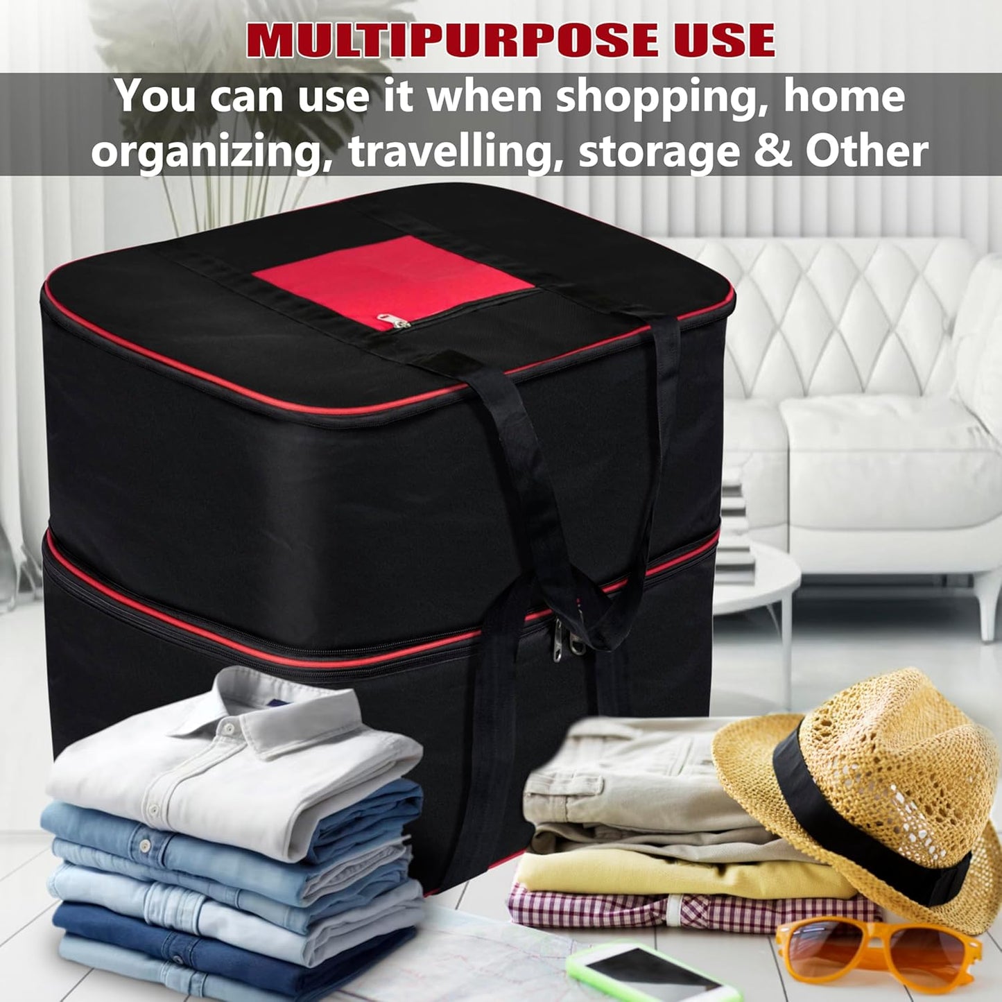 Storite Expandable Moisture Proof Nylon 142 L Heavy Duty Extra Large Size Underbed Storage Bag For Clothes/Blankets/Toys/Stationery Paper (57 x 49 x 51 cm) - Black,Rectangular
