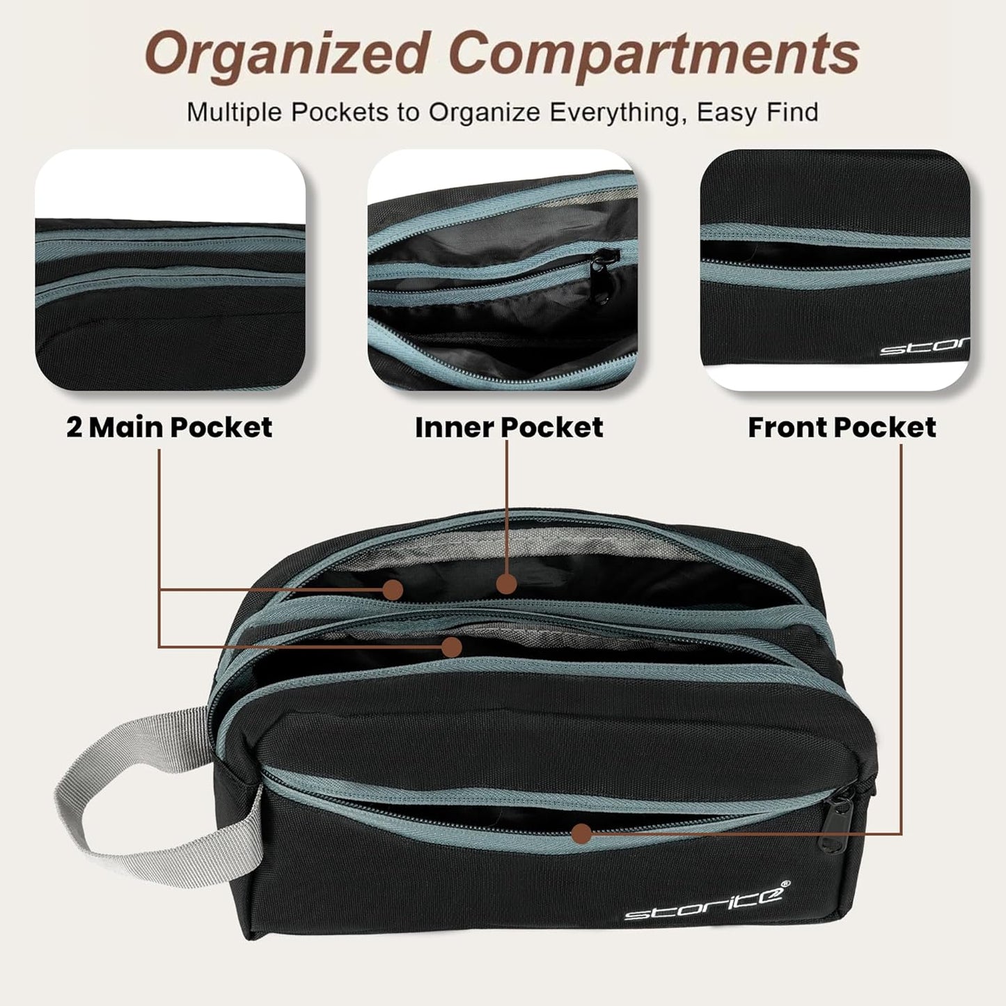 Storite Polyester Multi-Pocket Toiletry Bag for Men & Women, Travel Pouch for Toiletries Shaving Kit & Cosmetics, Water Resistance Pouch, Organizer Travel Pouch for Make Up - Black (23 x 9 x 13 Cm)