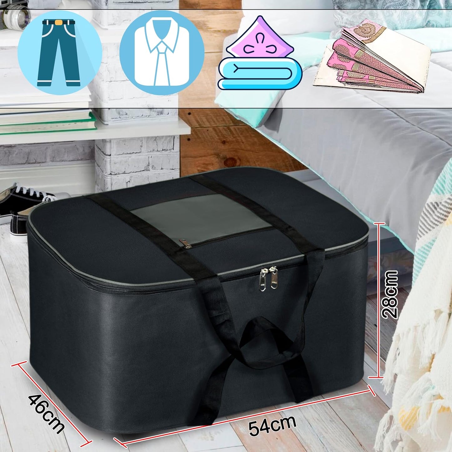 Storite 3 Pack Moisture Proof Nylon Underbed Storage Bag For Clothes Large (54 x 46 x 28 cm) - Black, Rectangular