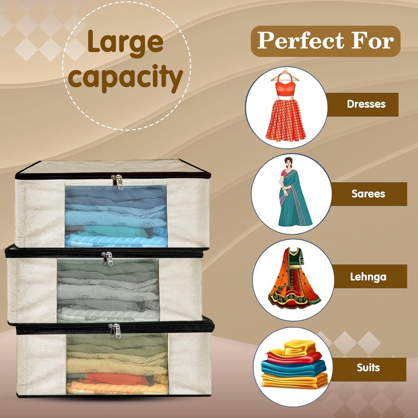 Storite 3 Pack Cotton Canvas Clothes Storage Bags/Saree Covers with Zip for Storage Specially Design for Woman Dresses, Sarees, Lehengas for Wardrobe Organizer (42.2cm x 36cm x 20cm)