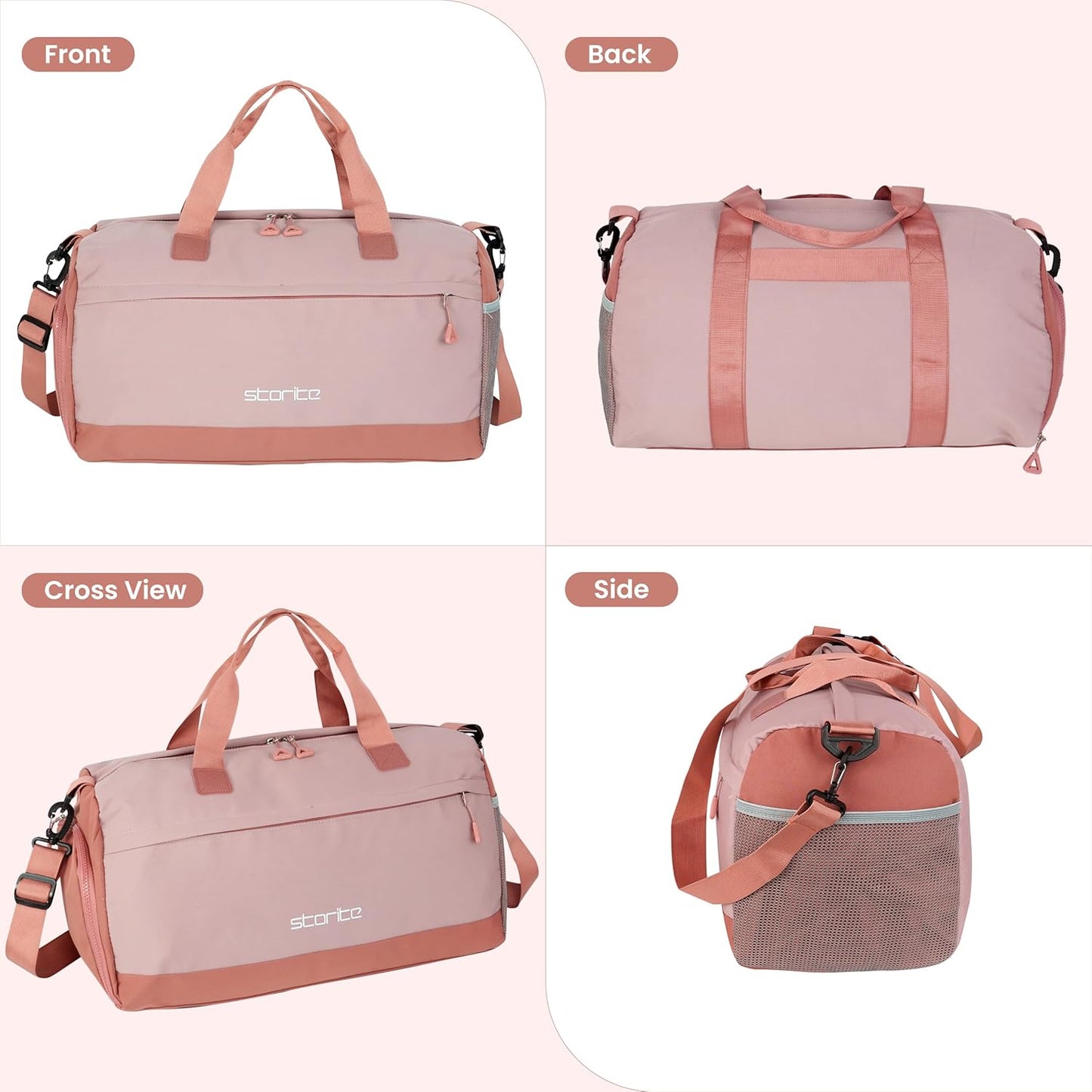 Storite Nylon 45 cm Travel Duffle Bag for Women with Luggage Trolley Sleeve Lightweight, Waterproof Luggage Bag with Shoe Compartment (Pink, 45 x 18 x 25 cm)