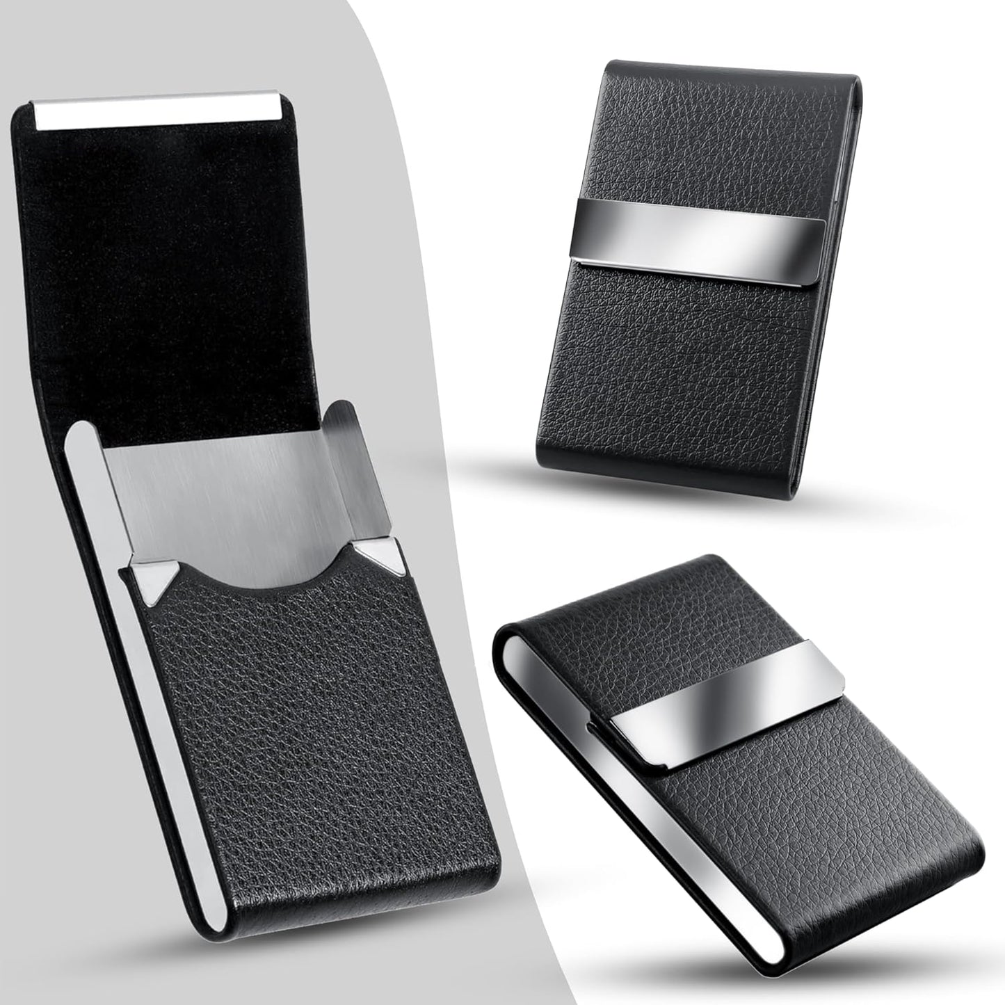 Storite Vertical Card Holder, PU Leather and Stainless Steel Credit Card Wallet, Business Card Holder for Men and Women (Black -9 x 1 x 6 Cm)