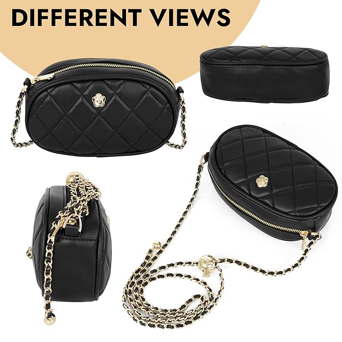 Storite PU Leather Quilted Sling Bag with Detachable Chain Strap, Crossbody Bag with Multi-Compartment for Women and Girls - Black