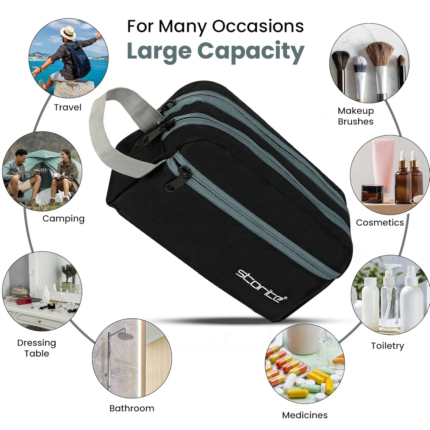 Storite Polyester Multi-Pocket Toiletry Bag for Men & Women, Travel Pouch for Toiletries Shaving Kit & Cosmetics, Water Resistance Pouch, Organizer Travel Pouch for Make Up - Black (23 x 9 x 13 Cm)