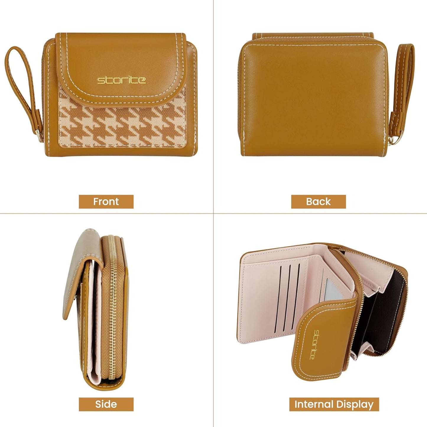 Storite Womens Stylish Compact Leather Wallet 5 Card Slots,1 ID Window, Ladies Mini Purse Money Pocket with Zipper Closure (Brown - 11 x 9 x 3 Cm)