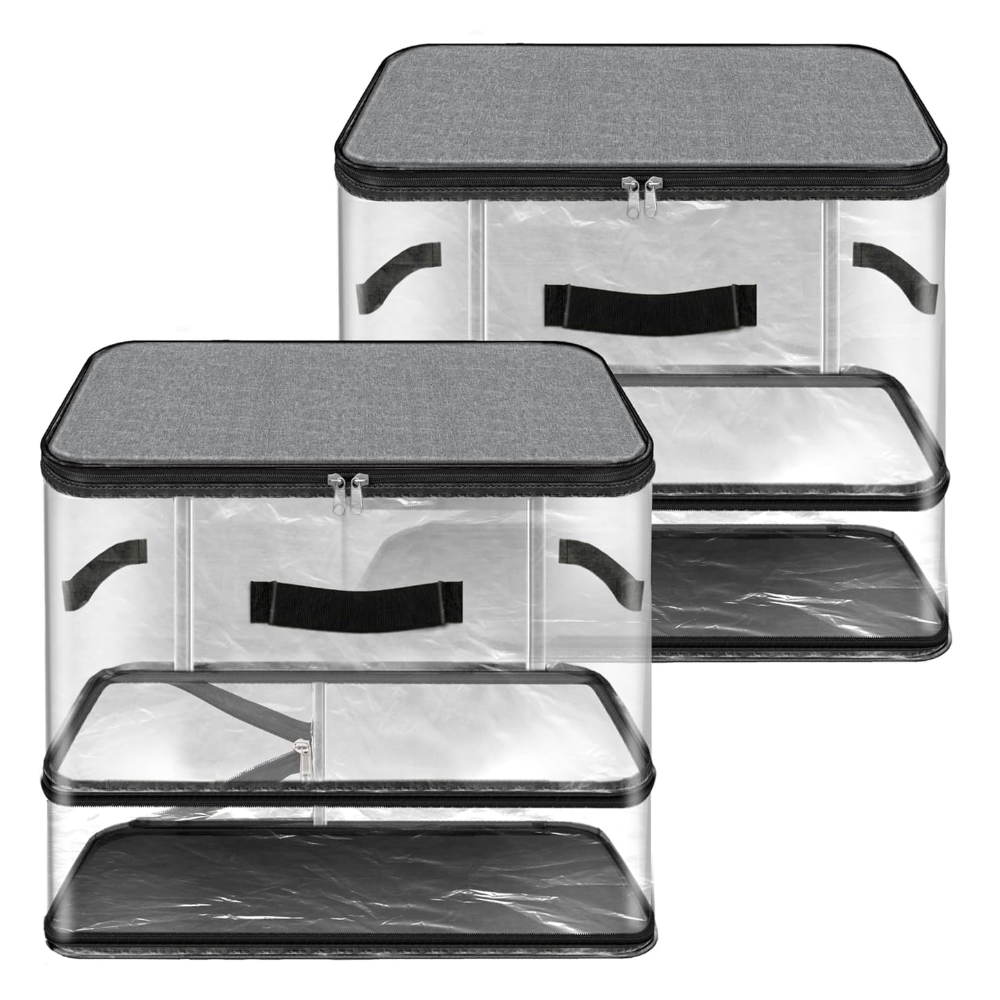 Storite 2 Pack Nylon PVC Transparent Expandable Organizer Storage box for Clothes Closet Wardrobe Space Saving Self Compression Organizer for Clothes Saree Bags with Carry Handle (Grey, 35x44x32 cm)
