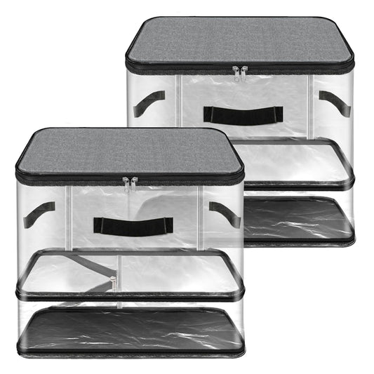 Storite 2 Pack Nylon PVC Transparent Expandable Organizer Storage box for Clothes Closet Wardrobe Space Saving Self Compression Organizer for Clothes Saree Bags with Carry Handle (Grey, 35x44x32 cm)