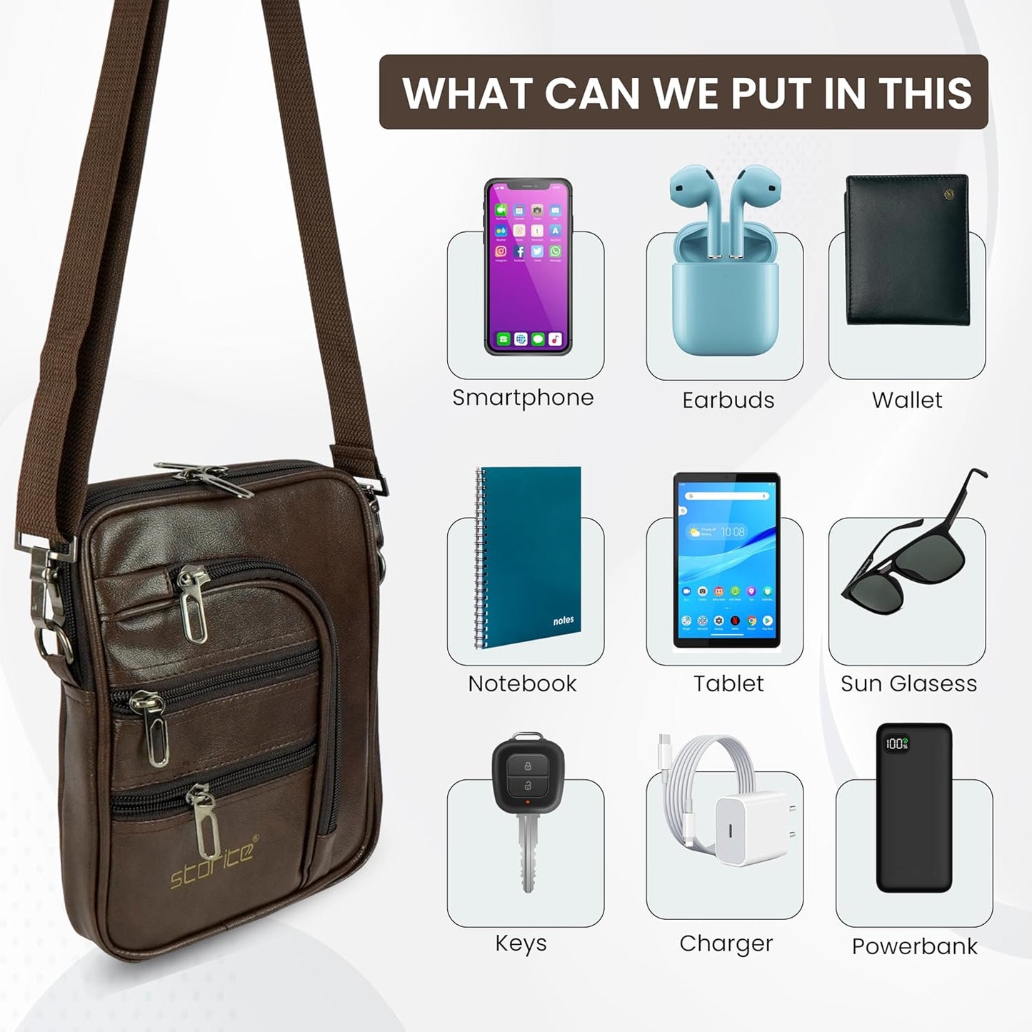 Storite Stylish PU Leather 7 Multi-Pocket Sling Travel Cross Body office Messenger One Side Shoulder Handbag for Men & Women (Brown, 18 x 3.5 x 24 Cm)