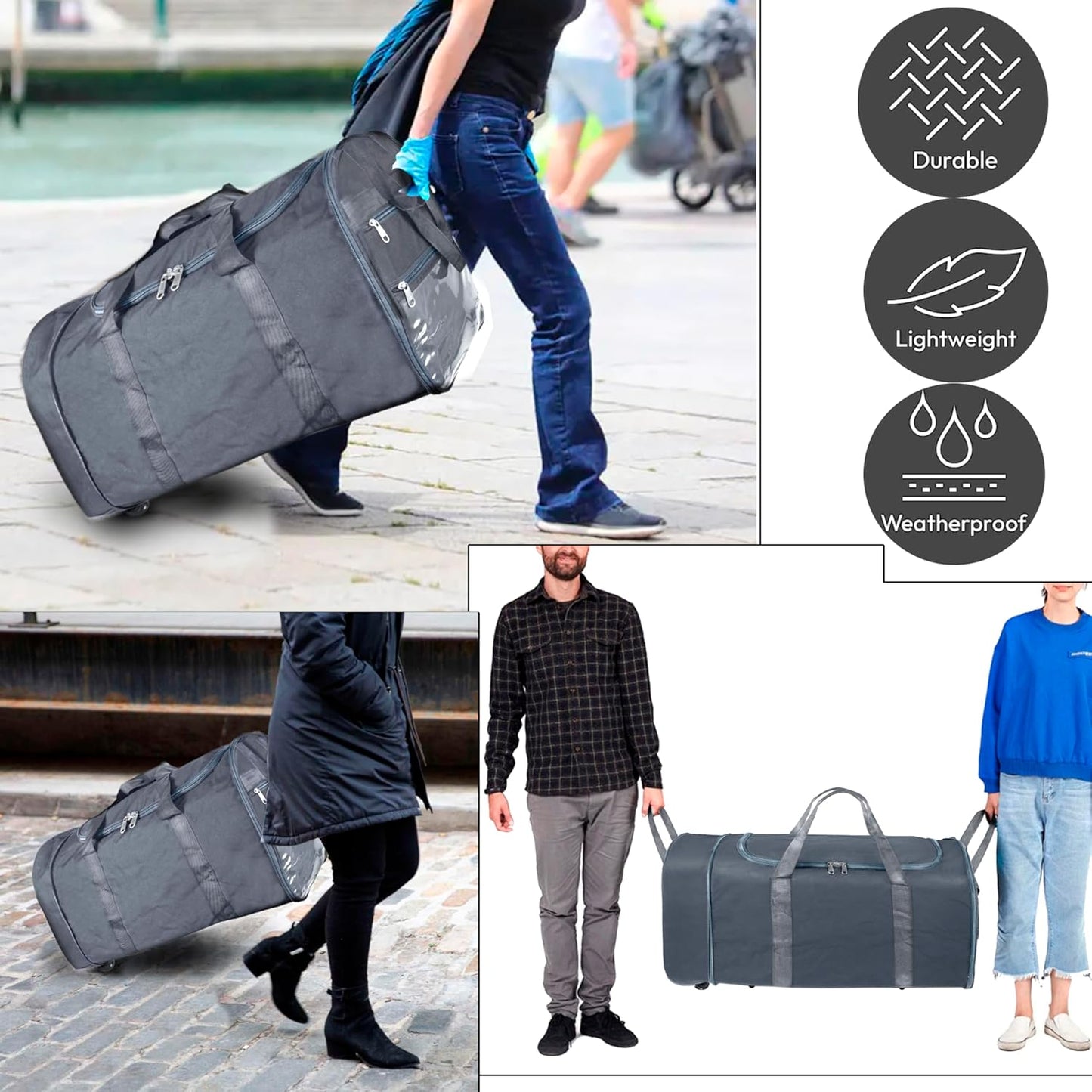 Storite Nylon 83 Cm Extra Large Strong Travel Duffle Bag, Luggage Bag Covertible Backpack Trolley Duffel Storage Bag with 2 Wheels & Pull Handle - (Grey, 83x36cm)