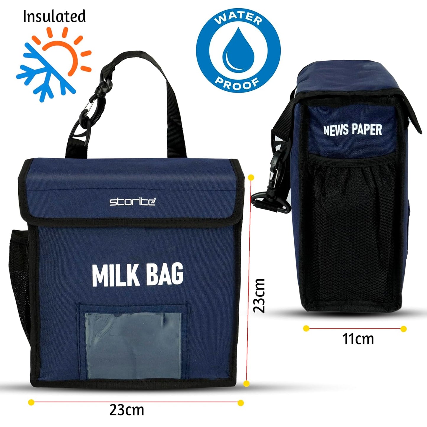 Storite Milk Bag for Door Hanging - Insulated and Waterproof Storage for Milk Sachets, Bottles, Outdoor Gate Delivery Basket Box, with Pocket for Notes and News Paper (23x11x23 cm) (Blue)