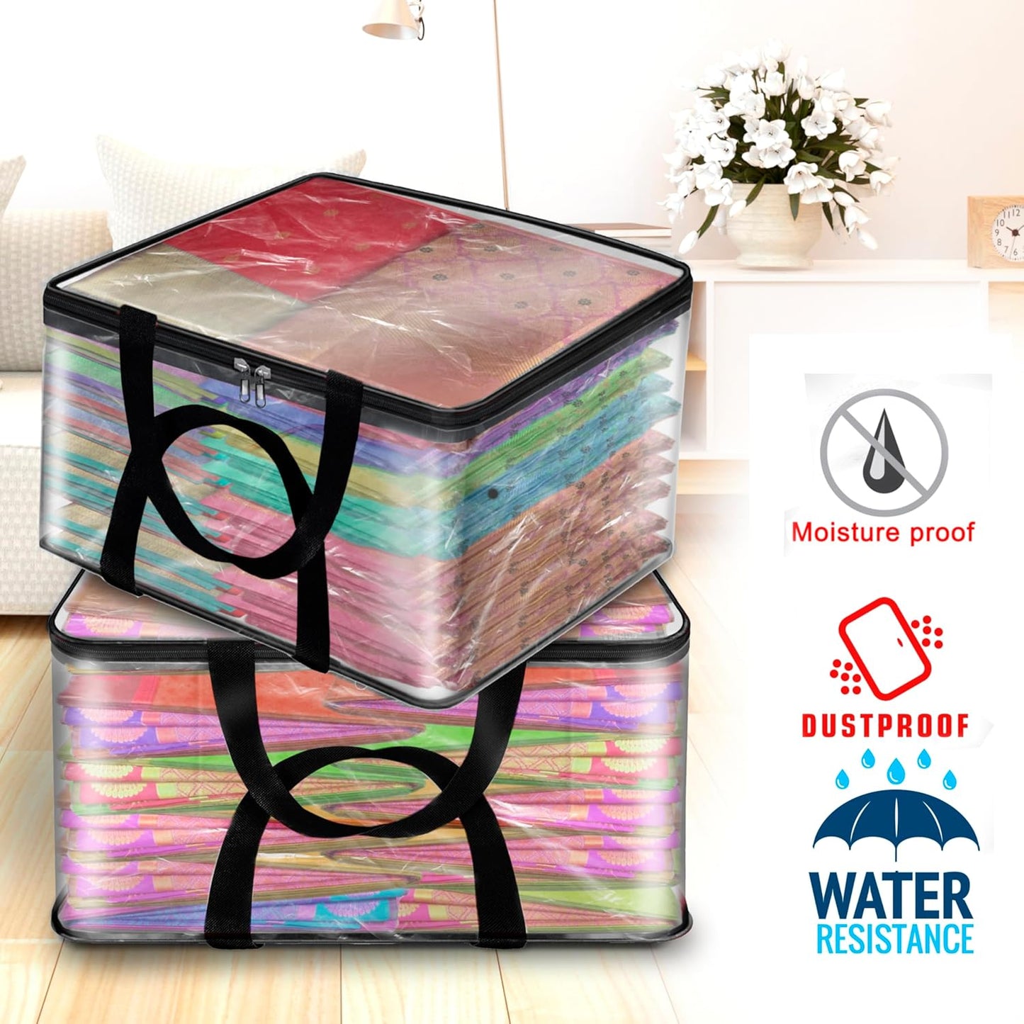 Storite Pack Of 2 Transparent PVC Clothes Storage Bags/Saree Covers with Zip for Storage Specially Design for Woman Dresses, Sarees, Lehengas | Wardrobe Organizer (41 x 31 x 23 cm)