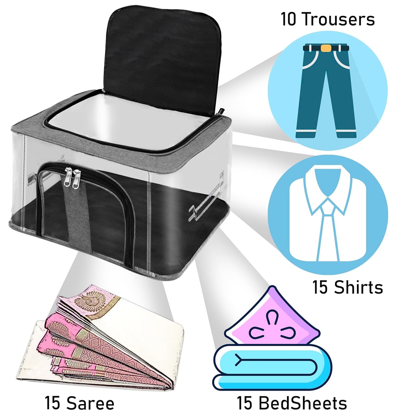 Storite 2 Pack Nylon 33 L PVC Transparent Moisture Proof Storage box for Clothes Closet Wardrobe Organizer for Clothes Saree Bags with Carry Handle - (Grey, 44 x 31 x 24 cm)