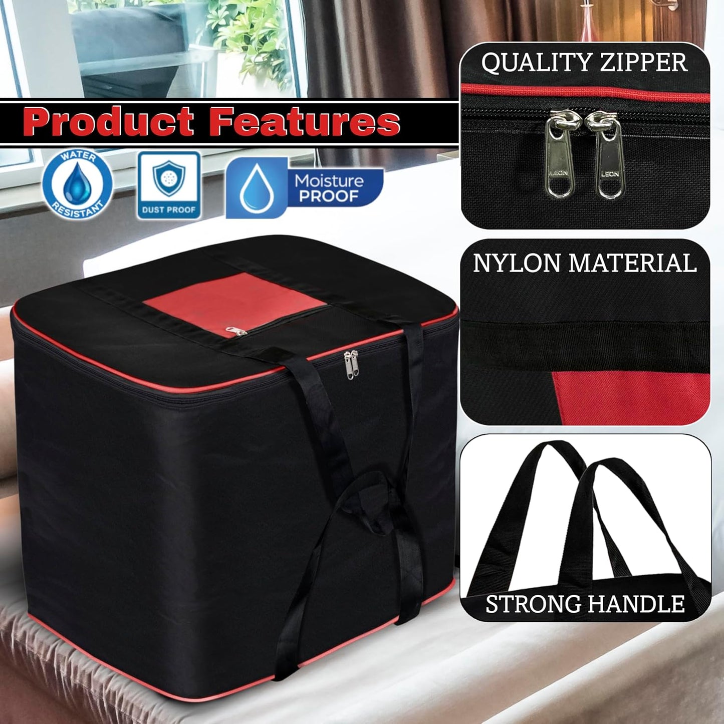 Storite Multi-Purpose Moisture Proof Nylon 131 L Super-Size Large underbed storage bag for Toys/Stationery Paper/Blankets/Clothes - Black/Red (57 x 48 x 48 cm-Rectangular)