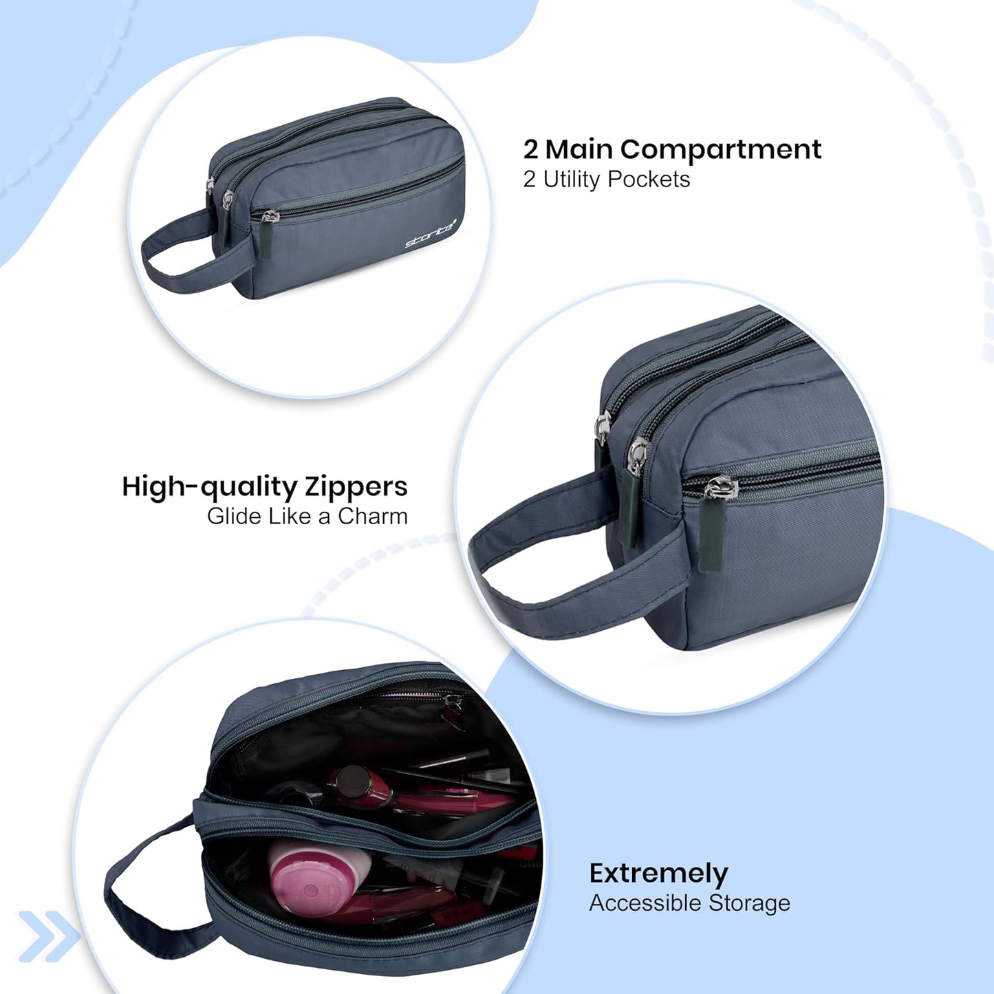 Storite Polyester Multi-Pocket Toiletry Bag for Men & Women, Travel Pouch for Toiletries Shaving Kit & Cosmetics, Water Resistance Pouch, Organizer Travel Pouch for Make Up (1Pk-Blue)