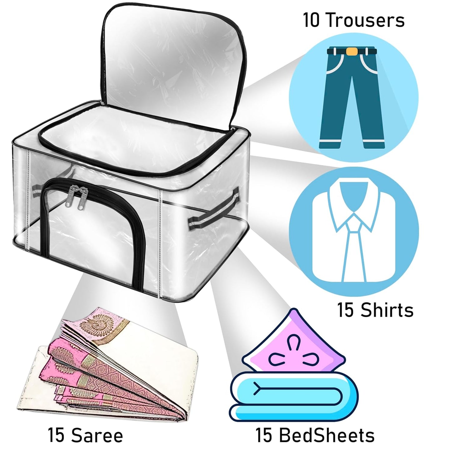 Storite 2 Pack 28 L Transparent PVC Wardrobe Bag Underbed Moisture Proof Cloth Storage Organizer, Storage box for Clothes Saree Bags with Zippered Closure & Handle (44 x 31 x 21 cm)