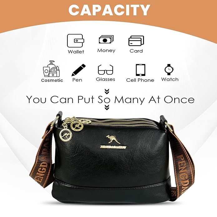 Storite PU Leather Sling Bag, Crossbody Bag with Multi-Compartment for Women and Girls With Adjustable Shoulder Strap - Black
