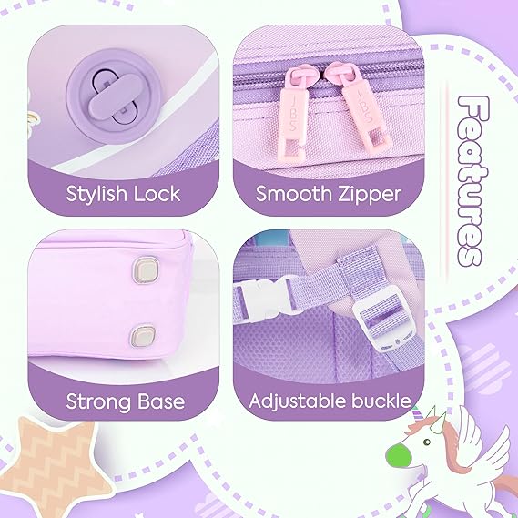 Storite Cute Cartoon Girl Kids Backpack - Rectangular Shape School Bag with Pastel Color theme, Flap & Rotating Lock, Tablet Compartment & Padded Back | Ideal for Class 1–5 Students (Lavender)