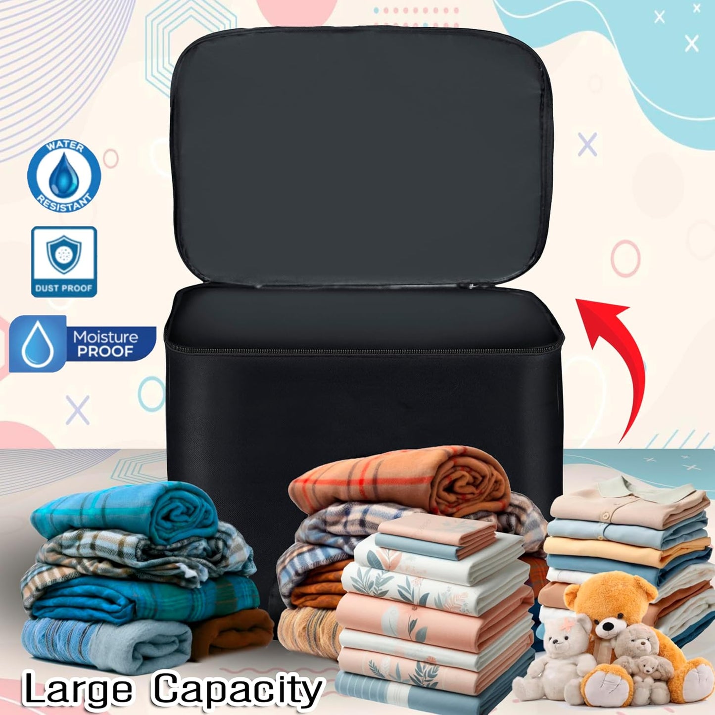 Storite Multi-Purpose Moisture Proof Nylon 131 L Super-Size Large underbed storage bag for Toys/Stationery Paper/Blankets/Clothes - Black/Red (57 x 48 x 48 cm-Rectangular)