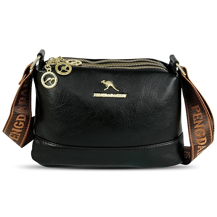 Storite PU Leather Sling Bag, Crossbody Bag with Multi-Compartment for Women and Girls With Adjustable Shoulder Strap - Black
