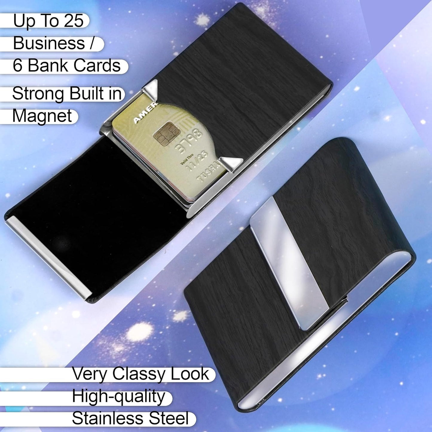 Storite Vertical Wooden Texture Card Holder, PU Leather and Stainless Steel Credit Card Wallet, Business Card Holder for Men and Women (Black -9 x 1 x 6 Cm)