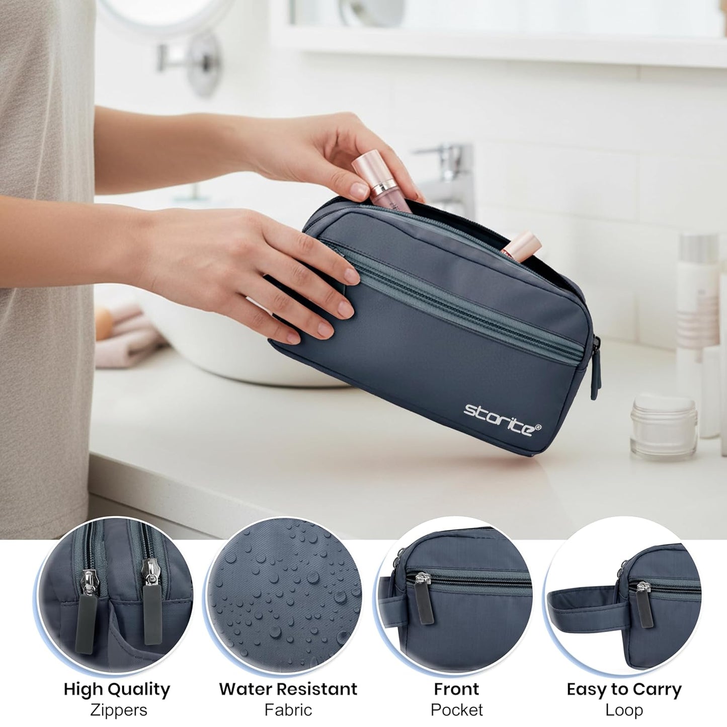 Storite Polyester Multi-Pocket Toiletry Bag for Men & Women, Travel Pouch for Toiletries Shaving Kit & Cosmetics, Water Resistance Pouch, Organizer Travel Pouch for Make Up (1Pk-Blue)