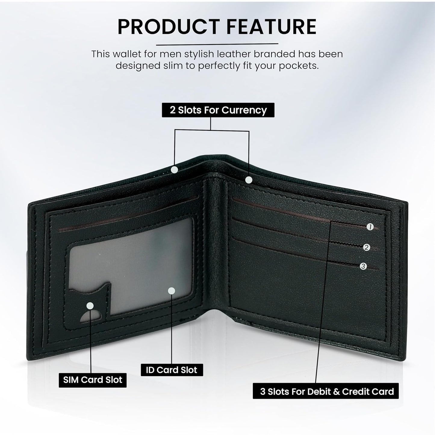 Storite Leather Wallet for Men - Lightweight Wallet with SIM Card Slot & ID Window for Office Travel & Daily Use (Black - 11.5 x 9 Cm)