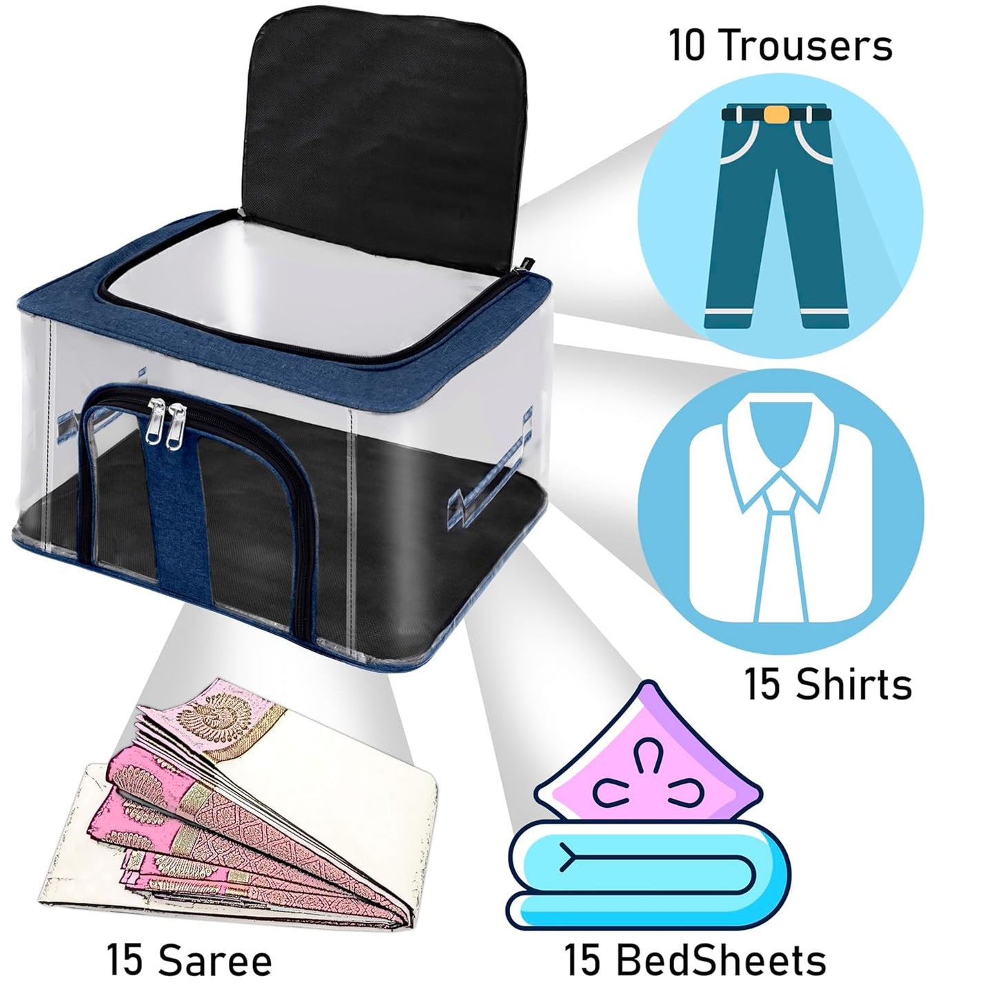Storite Nylon 33 L PVC Transparent Moisture Proof Storage box for Clothes Closet Wardrobe Organizer Saree Bags for Clothes with Carry Handle - (DarkBlue, 44 x 31 x 24 cm)