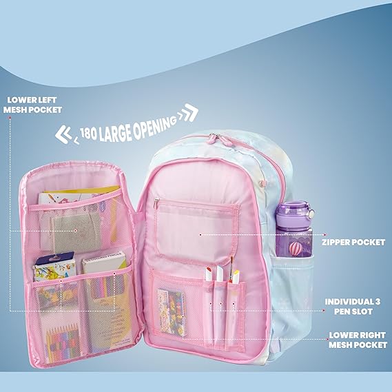 Storite School Backpacks for Girls Stylish Bags for Kids 7-12 Years Old Cartoon Water Resistant Backpack Durable Burden Relief School Bag Birthday Gift - blue-pink