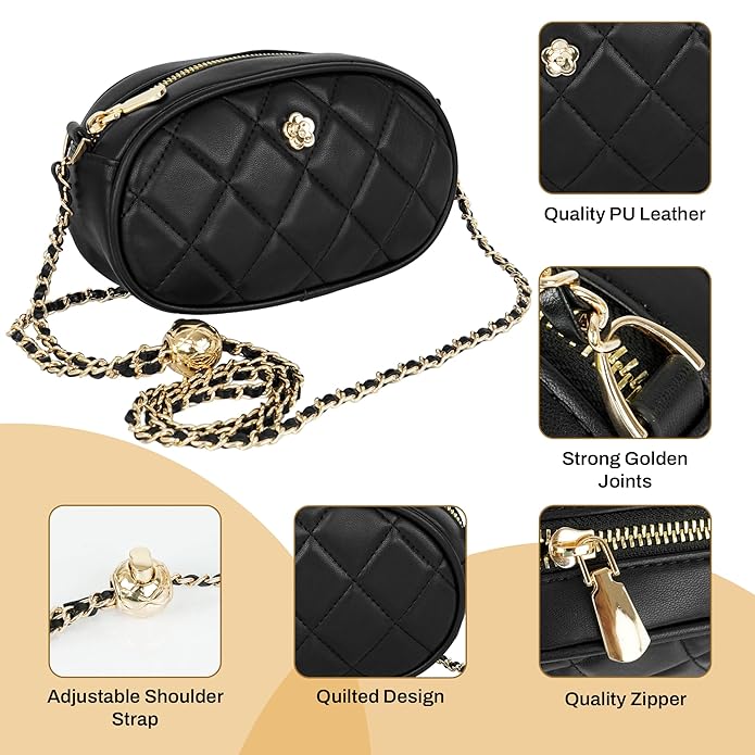 Storite PU Leather Quilted Sling Bag with Detachable Chain Strap, Crossbody Bag with Multi-Compartment for Women and Girls - Black